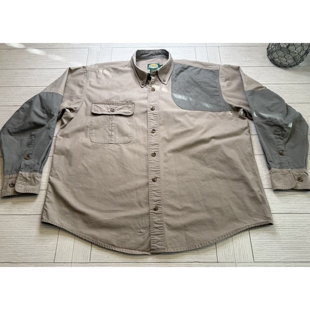 CABELAS Shirt Mens XL Beige Shooting Patch Hunting Button Up 100% Cotton Outdoor